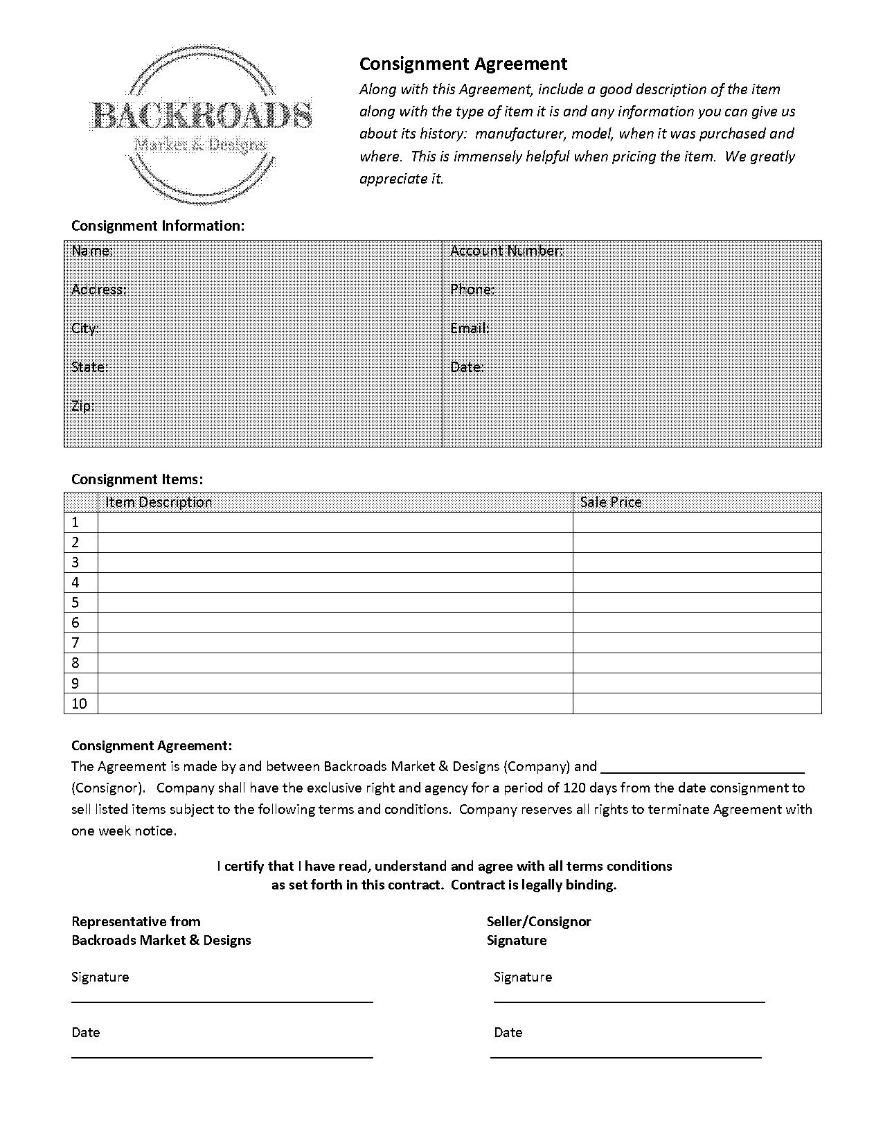 retail consignment agreement form